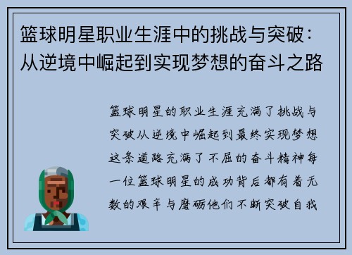 篮球明星职业生涯中的挑战与突破：从逆境中崛起到实现梦想的奋斗之路